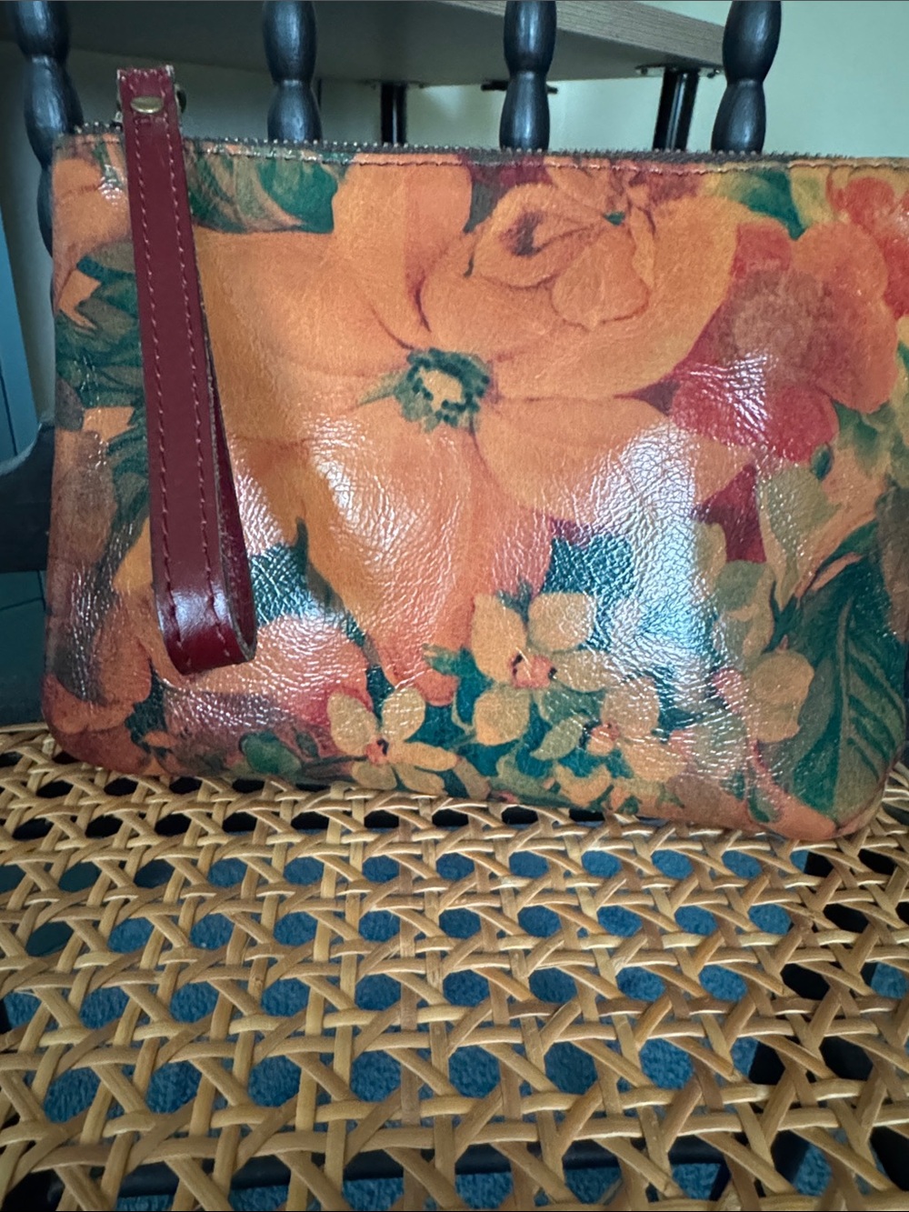 Patricia Nash Floral Leather Wristlet in Orange, Green & Burgundy Strap